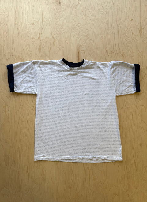 1990's Volunteer Striped Double Collar T-Shirt- Grey/Navy