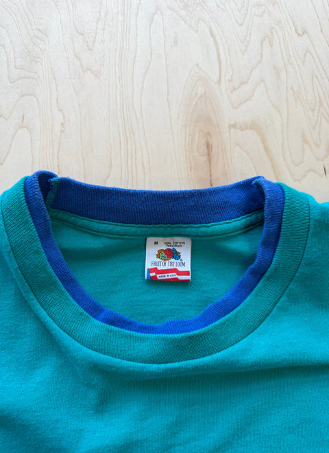 1990's Fruit Of The Loom Double Collar T-Shirt- Turquoise/Navy