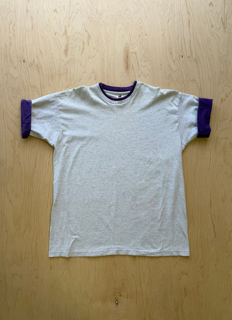 1990's Fruit Of The Loom Double Collar T-Shirt- Grey/Purple
