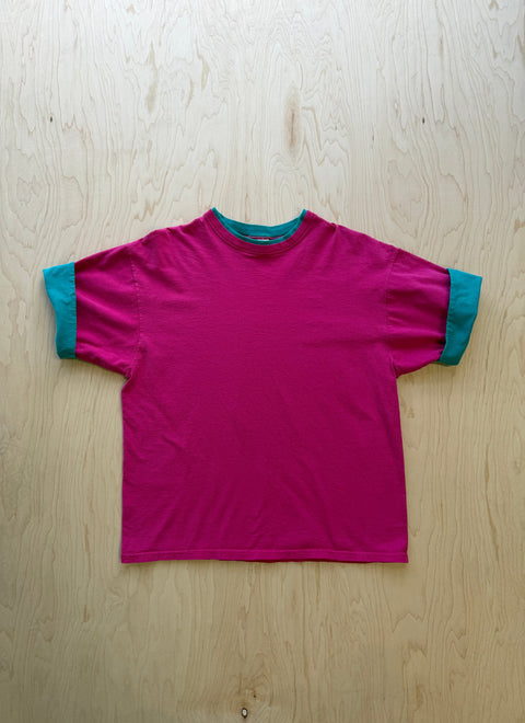 1990's Hanes Her Way Double Collar T-Shirt- Pink/Turquoise