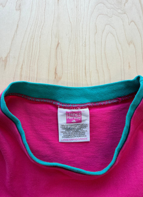1990's Hanes Her Way Double Collar T-Shirt- Pink/Turquoise