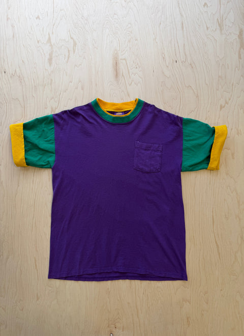 1990's Mardi Gras Double Collar T-Shirt- Purple/Yellow/Green
