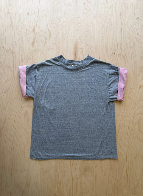 1990's Sunbelt Double Sleeve T-Shirt- Heather Grey/Pink