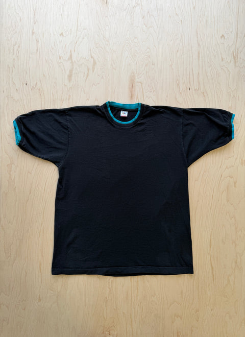 1990's Fruit Of The Loom Double Collar T-Shirt- Black/Blue