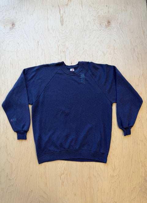 Solid Crewneck Sweatshirt with Visible Mending- Navy
