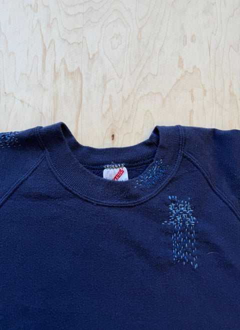 Solid Crewneck Sweatshirt with Visible Mending- Navy