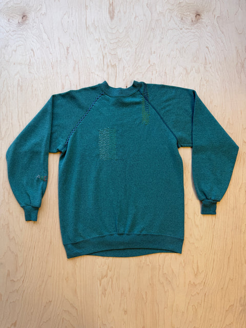 Solid Crewneck Sweatshirt with Visible Mending- Teal