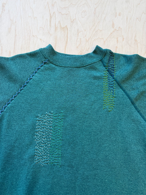Solid Crewneck Sweatshirt with Visible Mending- Teal