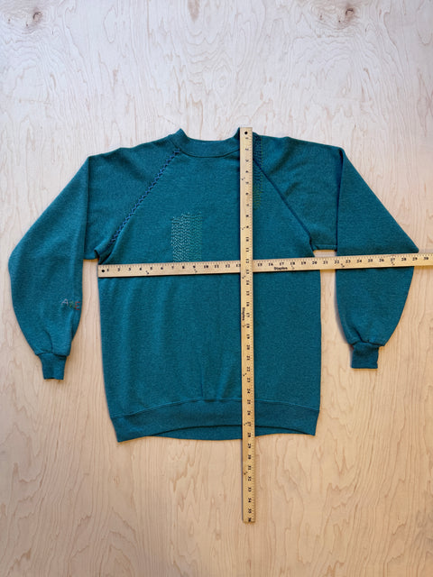 Solid Crewneck Sweatshirt with Visible Mending- Teal