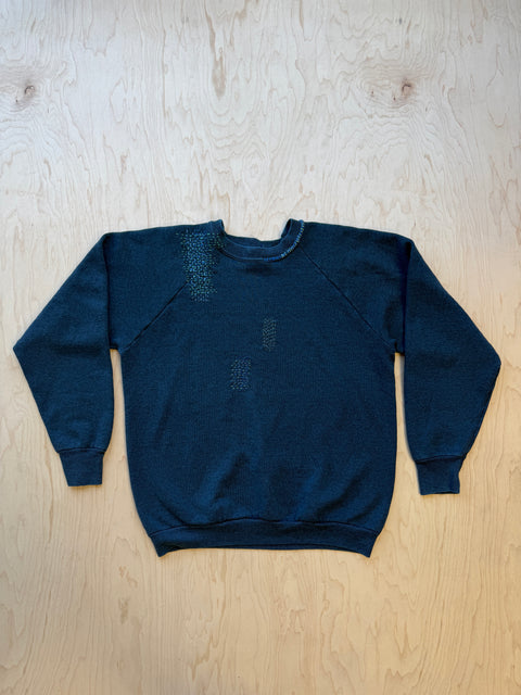 Solid Crewneck Sweatshirt with Visible Mending- Dark Green