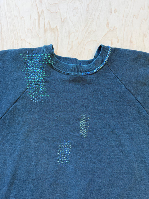 Solid Crewneck Sweatshirt with Visible Mending- Dark Green