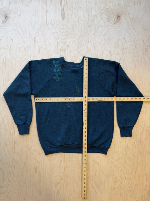 Solid Crewneck Sweatshirt with Visible Mending- Dark Green