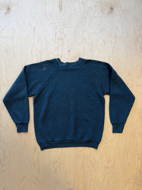 Solid Crewneck Sweatshirt with Visible Mending- Dark Green