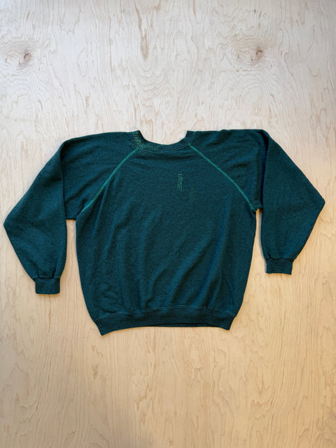 Solid Crewneck Sweatshirt with Visible Mending- Green