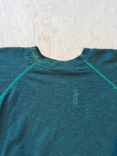 Solid Crewneck Sweatshirt with Visible Mending- Green