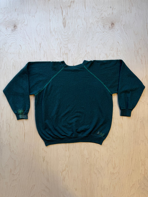 Solid Crewneck Sweatshirt with Visible Mending- Green