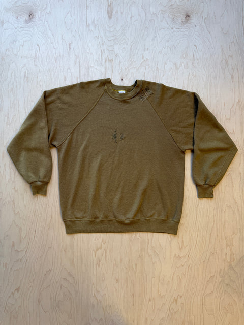 Solid Crewneck Sweatshirt with Visible Mending- Olive