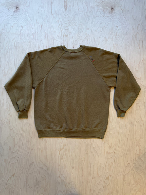 Solid Crewneck Sweatshirt with Visible Mending- Olive