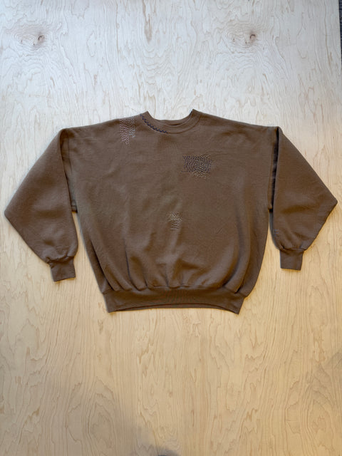 Solid Crewneck Sweatshirt with Visible Mending- Brown