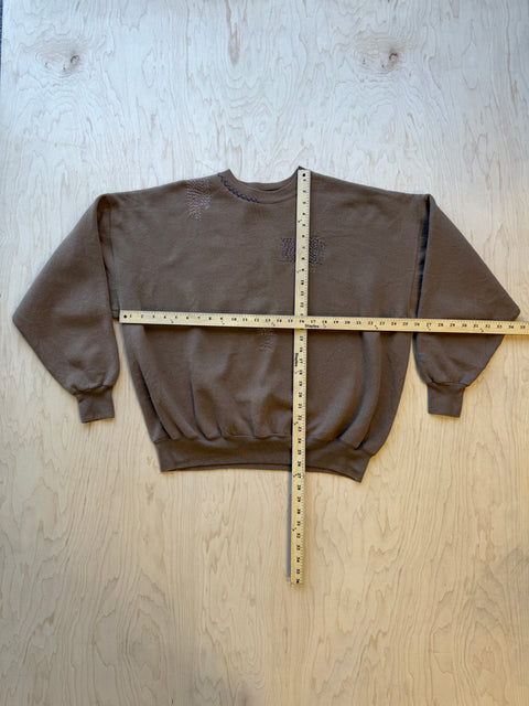 Solid Crewneck Sweatshirt with Visible Mending- Brown