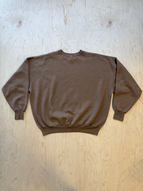 Solid Crewneck Sweatshirt with Visible Mending- Brown