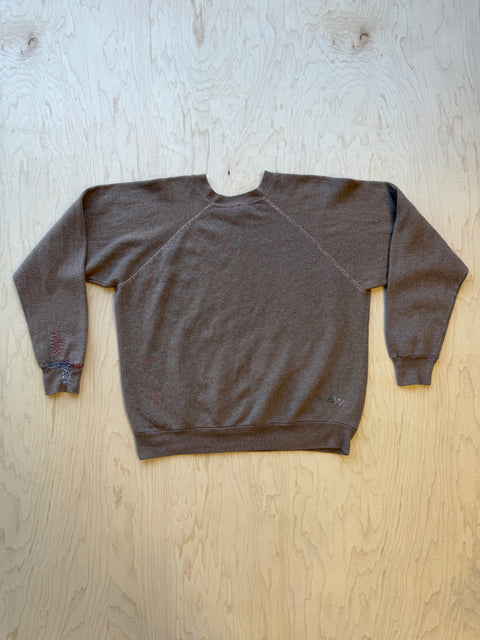 Solid Crewneck Sweatshirt with Visible Mending- Brown