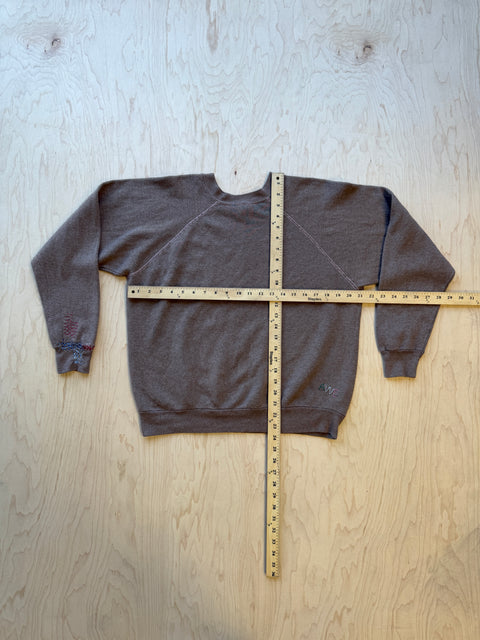 Solid Crewneck Sweatshirt with Visible Mending- Brown