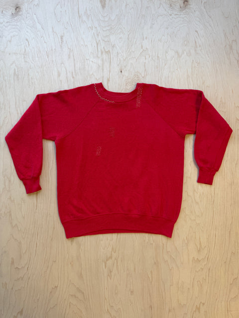 Solid Crewneck Sweatshirt with Visible Mending- Red