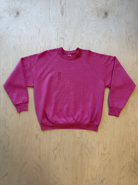 Solid Crewneck Sweatshirt with Visible Mending- Pink