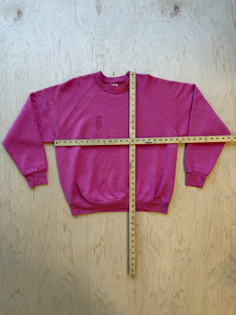 Solid Crewneck Sweatshirt with Visible Mending- Pink