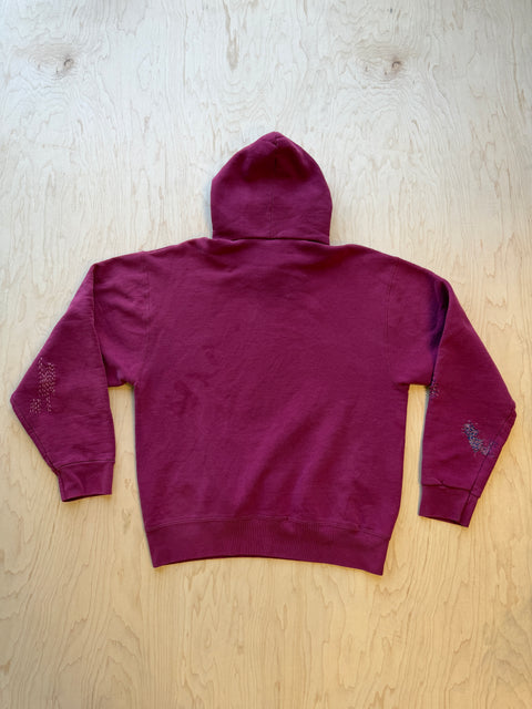 Solid Hooded Sweatshirt with Visible Mending- Maroon