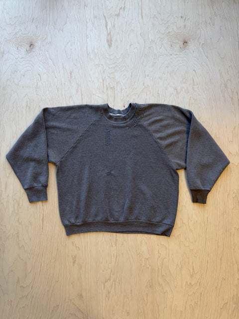 Solid Crewneck Sweatshirt with Visible Mending- Dark Taupe Grey