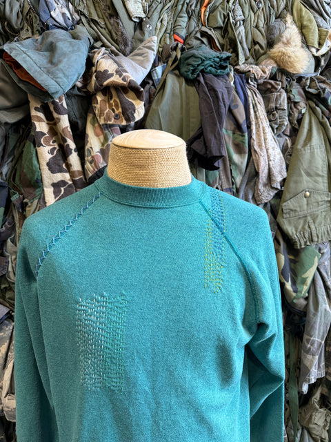 Solid Crewneck Sweatshirt with Visible Mending- Teal