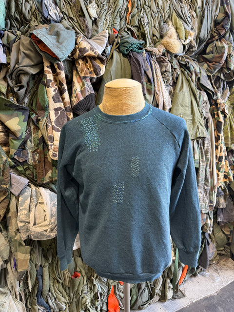 Solid Crewneck Sweatshirt with Visible Mending- Dark Green