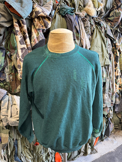 Solid Crewneck Sweatshirt with Visible Mending- Green