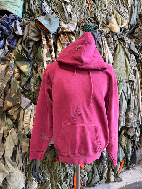 Solid Hooded Sweatshirt with Visible Mending- Maroon