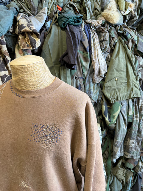 Solid Crewneck Sweatshirt with Visible Mending- Brown