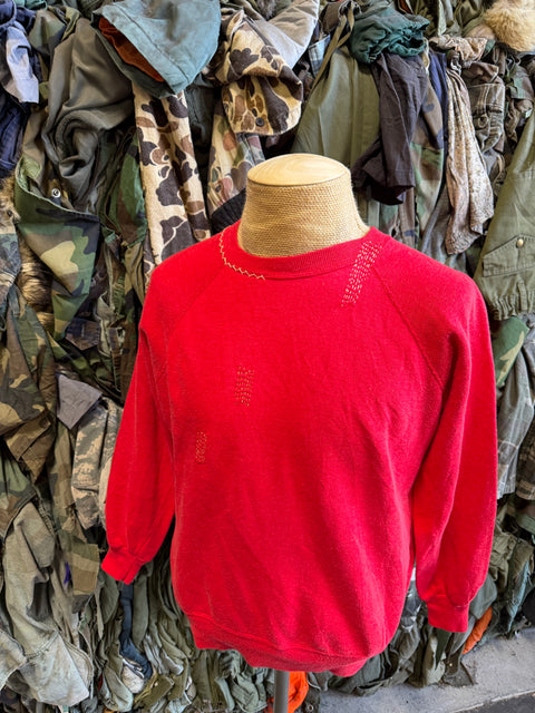 Solid Crewneck Sweatshirt with Visible Mending- Red