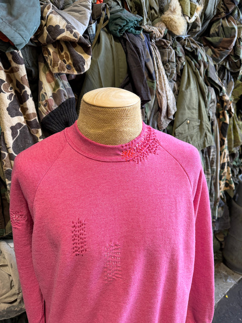 Solid Crewneck Sweatshirt with Visible Mending- Pink
