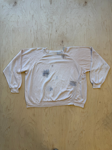 Solid Crewneck Sweatshirt with Visible Mending- Cream