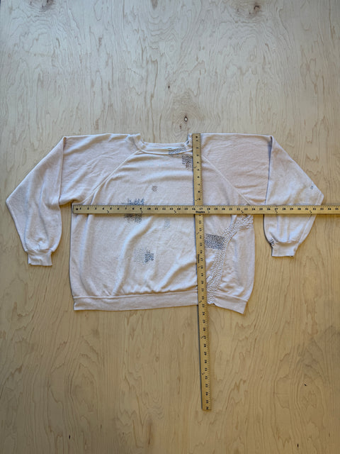 Solid Crewneck Sweatshirt with Visible Mending- Cream