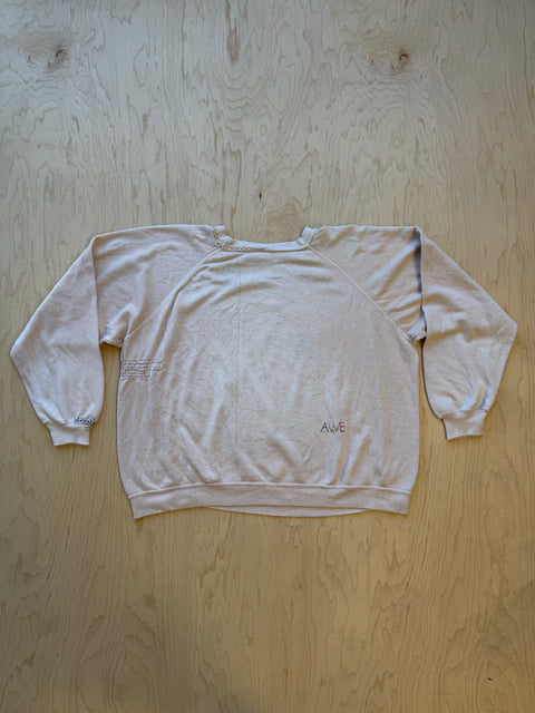 Solid Crewneck Sweatshirt with Visible Mending- Cream