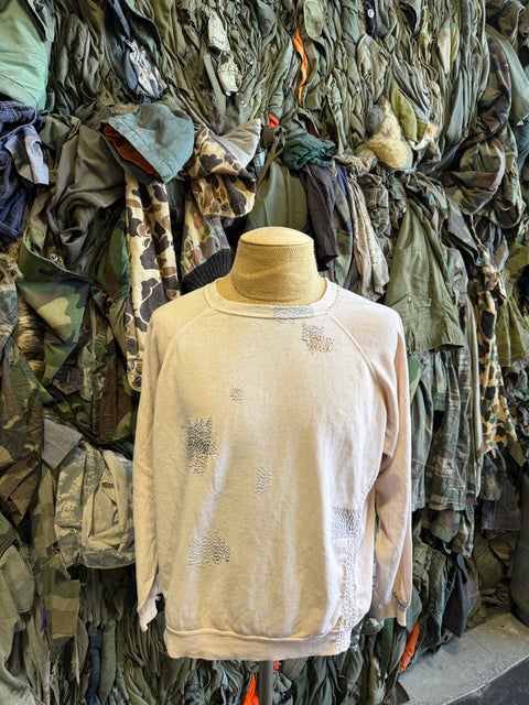 Solid Crewneck Sweatshirt with Visible Mending- Cream